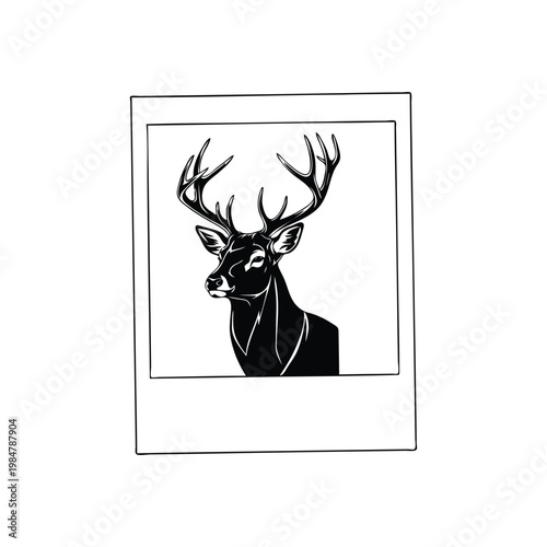 Black and white vector illustration of a majestic deer head with antlers in a retro instant photo frame design.