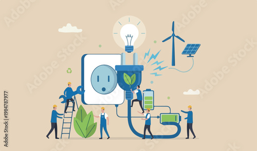 Sustainable energy, power consumption or electricity innovation concept, miniature people worker, technician help fixing or building electricity plug white background with copy space