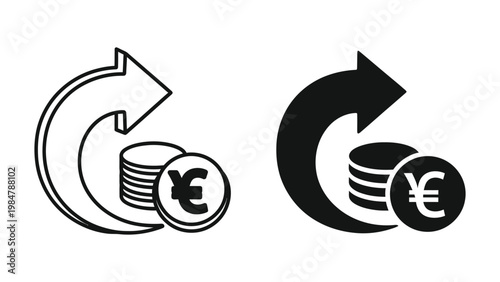 Black and line icons depicting euro currency exchange and transfer with curved arrows