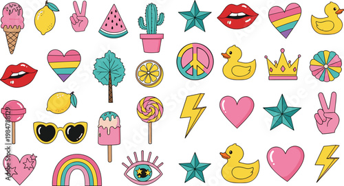 Colorful Retro Y2K Sticker Set Featuring Hearts, Rubber Ducks, Rainbows, Ice Cream, and Fun Aesthetic Elements for Trendy Fashion, Social Media, and Creative Graphic Designs