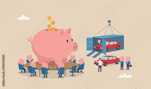 Saving money for new car automobile expense and cost car loan concept wealthy piggybank business man open container loading deliver team new big car red new owner