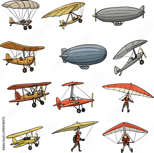 Diverse Air Vehicles and Gliding Sports Cartoon Illustration Set
