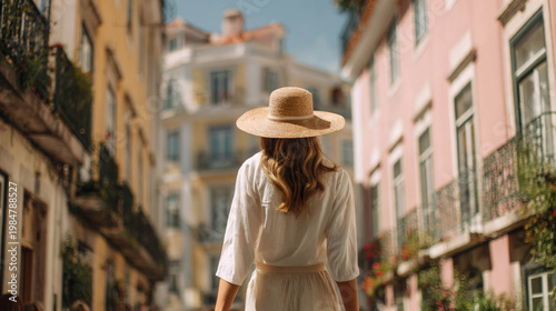 Tourist woman in summer hat walking through sunlit Lisbon Street, Portugal