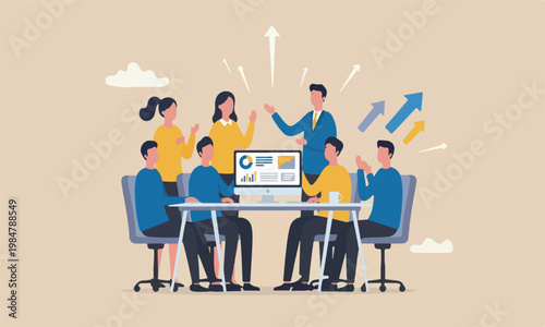 Success,meeting teams together with two small, flag on red pillars development, work satisfaction concept, happy businessman working with office computer desk