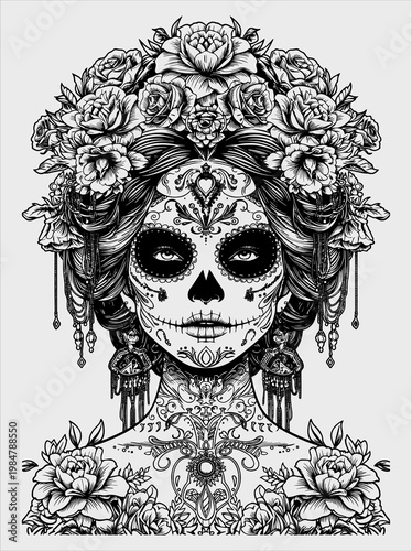 Black and White Sugar Skull Woman with Floral Crown and Ornate Jewelry, Detailed Gothic Vector Illustration