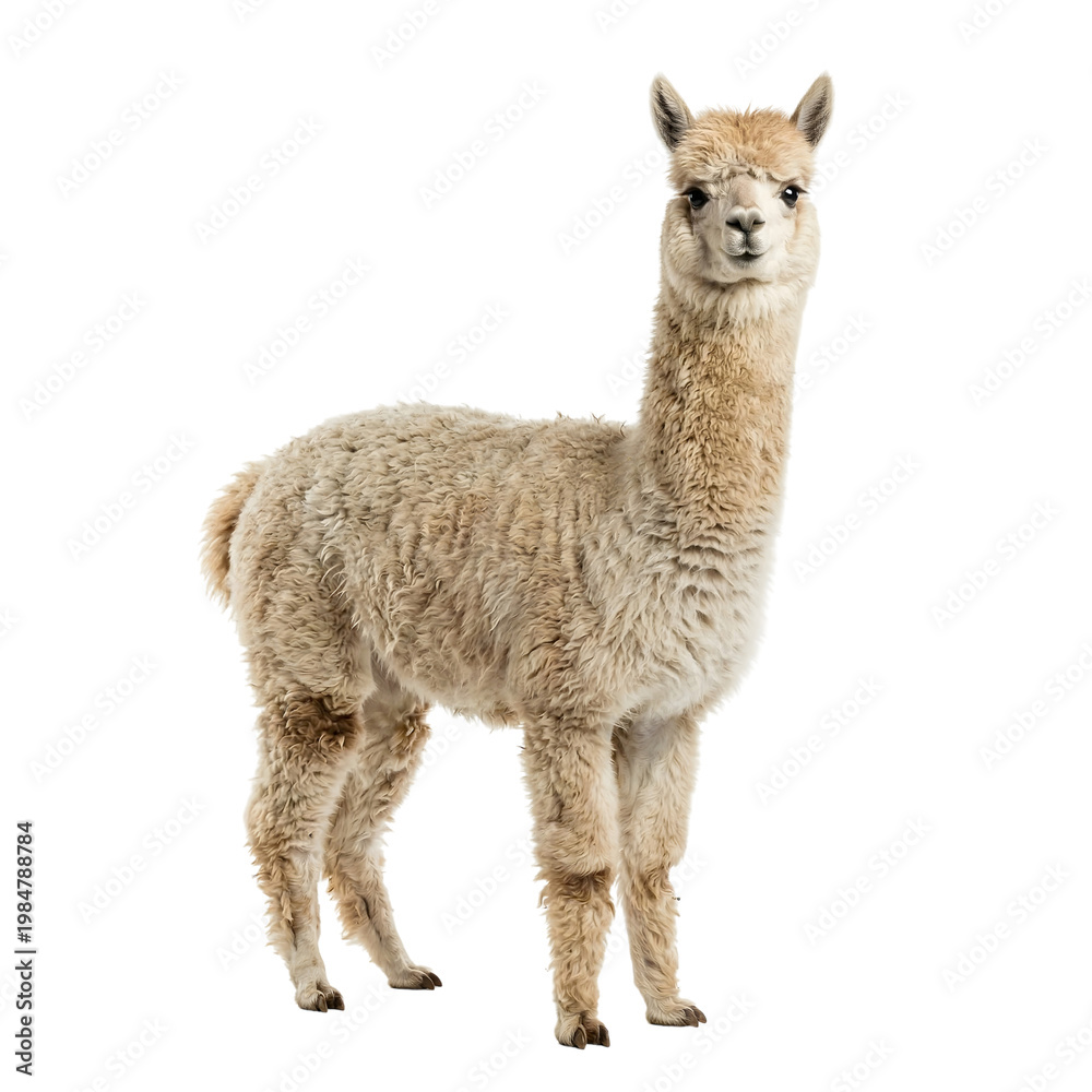 Fototapeta premium Light brown alpaca standing upright in full body frontal view with detailed fur texture