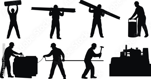 Construction worker silhouettes, heavy labor tasks, industrial work, machinery operation, teamwork concept, vector illustration, minimalist design art