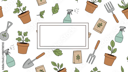 gardening tools and potted tomato plants are arranged as a background with a central rectangular frame for personalized text or messages.