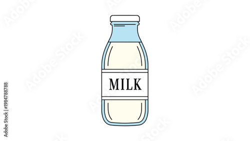 glass bottle of fresh milk with a simple white label and a cap is depicted in a clean vector illustration for dairy product advertisements.