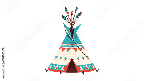 Colorful native american teepee tent is decorated with geometric patterns and multiple arrows sticking out from the top in a cultural design.