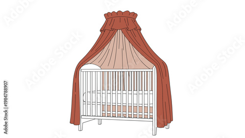 Elegant white wooden baby crib is covered with a beautiful reddish brown canopy drape for a cozy and protected sleeping environment in a nursery.