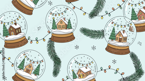 Festive pattern of decorative snow globes containing little houses and pine trees is combined with christmas lights and evergreen branches.