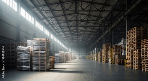 Warehouse interior with stacked pallets and dramatic lighting for commercial use