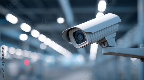 Close-up of a surveillance camera with blurred industrial background, asset protection concept