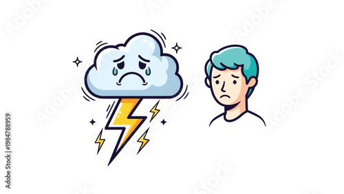 Illustration of a sad young man with blue hair standing next to a crying storm cloud with yellow lightning representing sadness or depression.