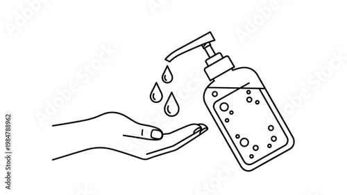 Outline drawing shows a hand receiving drops of liquid from a pump dispenser bottle representing hand washing or sanitizing for hygiene.