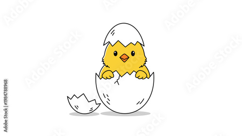 Adorable yellow baby chick has just hatched from a white eggshell and is looking out with large dark eyes in a cute spring themed illustration.