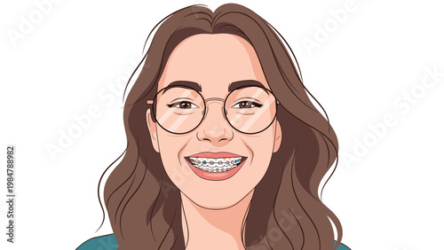 Portrait of a happy young woman with long brown hair wearing glasses and dental braces as she smiles brightly for a positive lifestyle image.