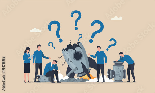 Fail The teams together flat design with clean lines and minimal shading crash launching space rocket metaphor of new business failure