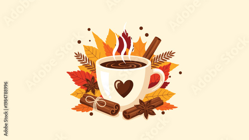 Cup of hot chocolate with a heart on it is surrounded by cinnamon sticks, star anise, and colorful autumn leaves for a cozy seasonal feeling.