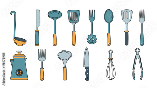 set of kitchen utensils and cooking tools includes a ladle, spatulas, knives, and more in a modern flat design style for culinary themes.