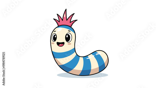 cheerful cartoon worm character with blue and white stripes and bright pink hair smiles happily in this colorful illustration for kids books.