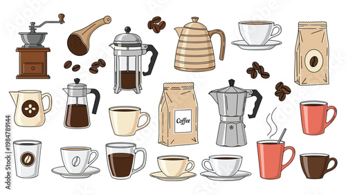 detailed collection of coffee brewing equipment including French press, moka pot, grinder, and various cups in a hand-drawn illustration style.