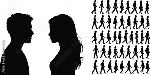 Silhouette people profiles, walking crowd figures, individuality versus collective movement, social interaction, minimalist black silhouettes