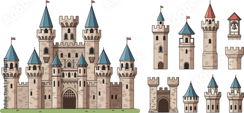 Fairytale Castle and Tower Vector Set with Detailed Architecture and Colorful Roofs for Fantasy, Game, and Storybook Designs