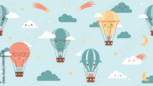 adorable hot air balloons, smiling clouds, and crescent moons float in a dreamy sky seamless pattern perfect for nursery textiles and walls.