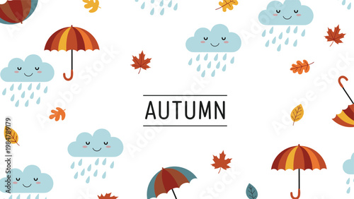 autumn themed background with colorful umbrellas, smiling rain clouds, and falling maple leaves celebrates the cozy feeling of the fall season.