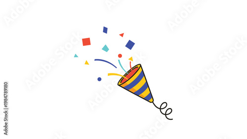 festive party popper explodes with vibrant colorful confetti and streamers in a simple vector illustration for birthdays and special events.