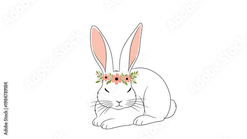 cute white bunny rabbit wearing a beautiful crown made of pink flowers and green leaves sits peacefully in a charming animal illustration.