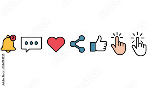 Social media engagement icons notification heart share like click
