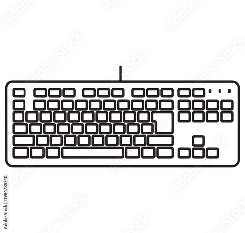 Computer keyboard outline icon with keys and cord isolated on white background