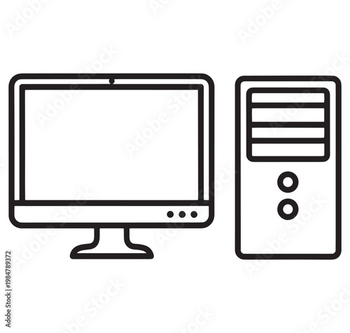 computer monitor and central processing unit on white background