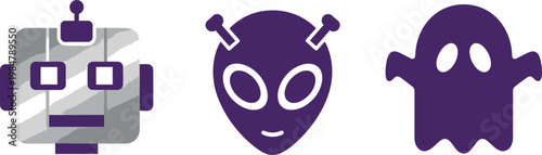 A whimsical collection of three iconic stylized figures a robot an alien and a ghost all in shades of purple
