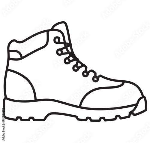 Line drawing of a single hiking boot with laces and rugged sole