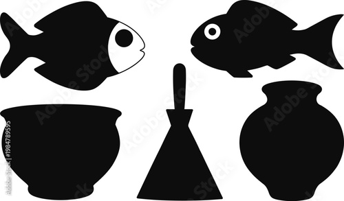 Abstract black silhouette icons of aquatic fish animals paired with various shaped earthenware pottery vessels and a traditional clay cooking pot.