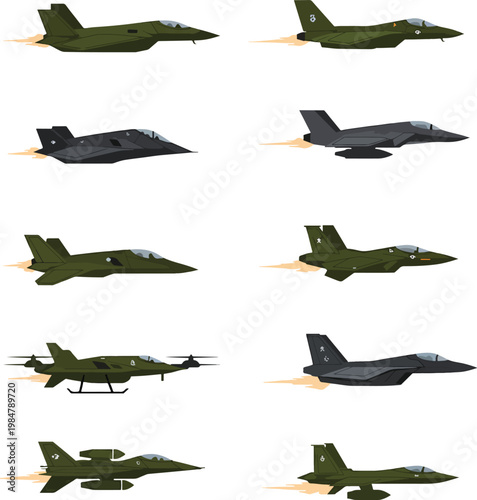 Modern Military Fighter Jets and Stealth Aircraft Vector Illustration Set