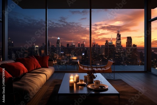 Modern living room offering a panoramic view of the illuminated chicago skyline at sunset