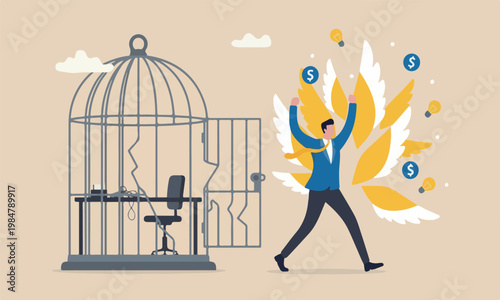 Break free, quit exhausted day job to start new business, escape for freedom, resign from toxic workplace or retirement concept, confidence businessman break free from toxic working desk bird cage