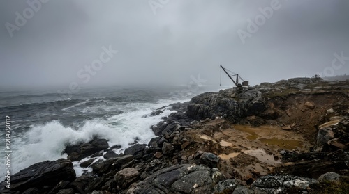 Stormy Coastal Landscape with Waves Crashing on Rocky Shoreline