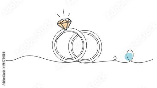Continuous line drawing of two interlocking wedding rings with a large sparkling diamond on one band symbolizing marriage and eternal love.