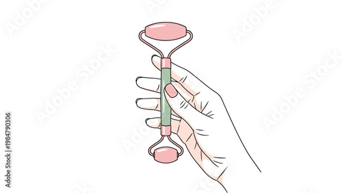 Illustration of a female hand holding a pink and green jade roller used for facial massage and skin care routines on white background.