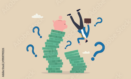 Financial instabilit economic recession, crisis or bankruptcy concept, businessman investor falling from stack of unstable money coins