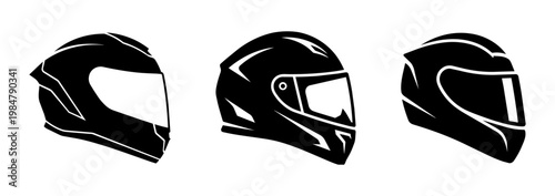 Set of three black motorcycle helmet silhouettes, full face racing helmet icons
