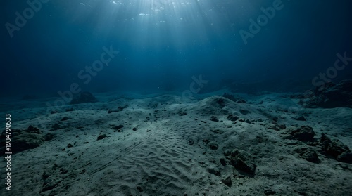 An underwater scene depicts a sandy ocean floor with rocks and sunlight filtering down from above water.