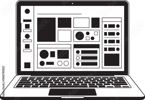 Modern laptop screen displaying wireframe layout with ui elements black and white design minimalistic styling for web development and design