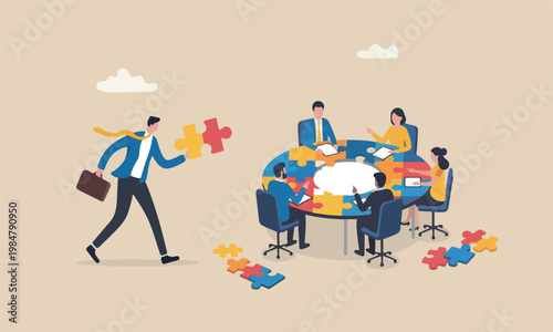 Finding jigsa teams for new idea to solve self problem, challenge or inspiration concept, businessman finding jigsaw to complete himself